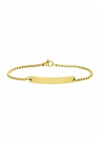 Gouden armband met een platte, verlengde plaat in het midden, een schakels ontwerp en een kreeftsluiting voor een veilige sluiting.