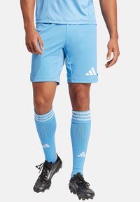 Lichtblauw voetbalshirt en -short met wit Adidas-logo, gecombineerd met blauw gestreepte sokken en zwarte voetbalschoenen. Focus op atletische prestaties.