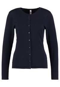 Marineblaues langärmliges Cardigan aus weichem Material, mit rundem Halsausschnitt und knopflosem Verschluss an der Vorderseite mit passenden Knöpfen.