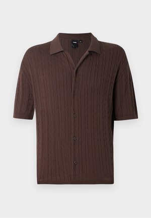 Brown short-sleeve knit polo shirt featuring a cable pattern, a soft collar, and a button-down front. Material has a textured appearance.