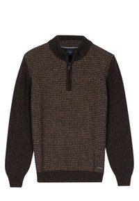 Gebreide pullover trui met een geweven bruin en donkerbruin patroon, halve rits kraag, ribgebreide manchetten en zoom, met een klein logo detail.