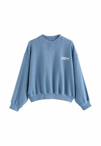 Felpa blu realizzata in tessuto morbido, con colletto e polsini a coste. Logo "RUNNERS CLUB" stampato sul davanti. Design cropped.