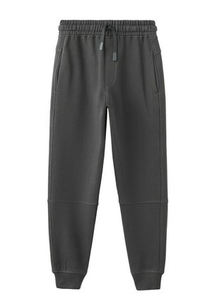Pantalon de jogging en polaire gris foncé avec ceinture élastique, cordon de serrage, poches latérales et poignets côtelés aux chevilles.