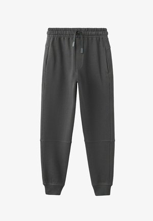 Pantalon de jogging en polaire gris foncé avec ceinture élastique, cordon de serrage, poches latérales et poignets côtelés aux chevilles.