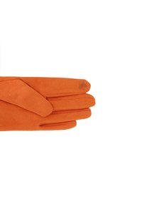 Guanti arancioni realizzati in materiale morbido, caratterizzati da una superficie liscia e un dettaglio floreale sul polso. Design classico a cinque dita.