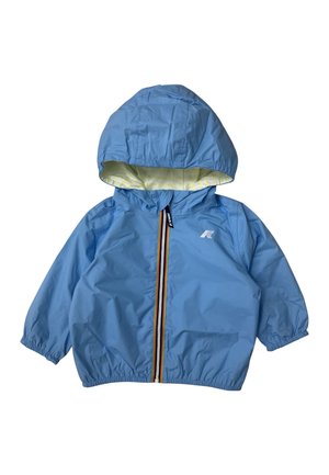 Giacca con cappuccio blu per bambini con cerniera frontale, dettaglio a strisce multicolore e polsini elastici, foderata con tessuto giallo chiaro.