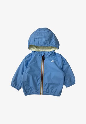 Giacca con cappuccio blu per bambini con cerniera frontale, dettaglio a strisce multicolore e polsini elastici, foderata con tessuto giallo chiaro.