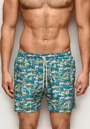 Torso maschile indossante pantaloncini da bagno blu, verdi e grigi con motivo a squali e coulisse bianca, braccia rilassate lungo i fianchi su sfondo uniforme.
