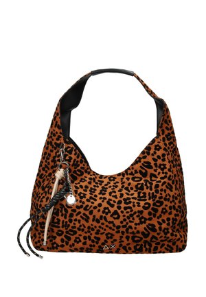 Borsa marrone e nera con stampa leopardata, con un unico manico nero e cordini decorativi attachi e ciondolo argento.