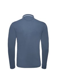 Polo tričko s dlouhým rukávem v tmavě modré barvě z bavlny, s ribovaným límečkem, trojbarvým pruhovaným detailem kolem výstřihu a elastickými manžetami.