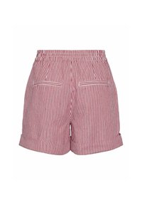 Pantaloni corti a righe rosse e bianche con vita alta, dotati di due tasche posteriori e risvolti, realizzati in tessuto leggero.