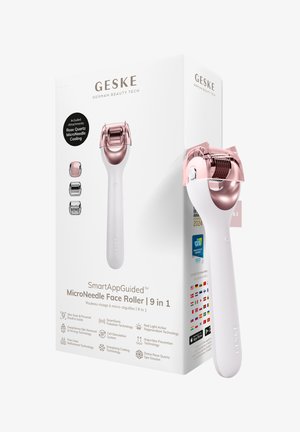 Rouleau pour le visage SmartAppGuided MicroNeedle avec 9 accessoires, dont un refroidissement en quartz rose, intégrant une technologie de renouvellement de la peau et lumière rouge.