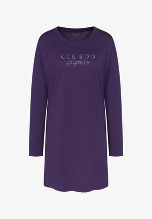 Fioletowa koszulka z długim rękawem z miękkiego materiału, z grafikami faz Księżyca i napisem "przy świetle Księżyca" z przodu.