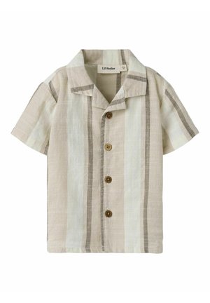 Camicia in lino beige e crema a maniche corte con righe verticali e quattro bottoni in legno, caratterizzata da un colletto morbido e dall'etichetta "Lil'Atelier".