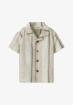 Camicia in lino beige e crema a maniche corte con righe verticali e quattro bottoni in legno, caratterizzata da un colletto morbido e dall'etichetta "Lil'Atelier".