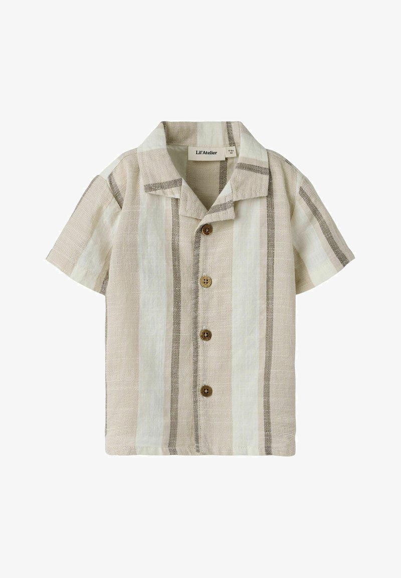 Μπλούζα μπεζ και κρεμ λινή με κοντά μανίκια, κάθετες ρίγες και τέσσερα ξύλινα κουμπιά, με χαλαρό γιακά και ετικέτα «Lil'Atelier».