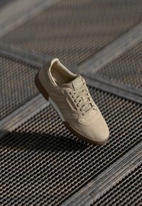 Svetlosmeđi nubuck škornji s niskim dizajnom, koji se zatvaraju vezicama, sa teksturiranim gornjim dijelom i smešnim gumiranim đonom. Minimalističke bočne pruge.