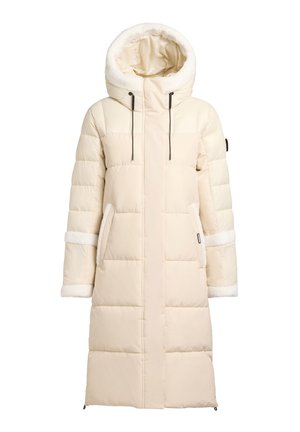 Lange, roomkleurige pufferjas met een capuchon gevoerd met bont, zijzakken en elastische manchetten. Het doorgestikte ontwerp zorgt voor isolatie en warmte.