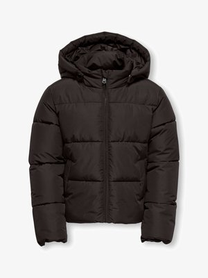 Svart pufferjakke med hette, med glidelåslukking, quiltet tekstur, elastiske mansjetter og litt avrundede skuldre for varme.