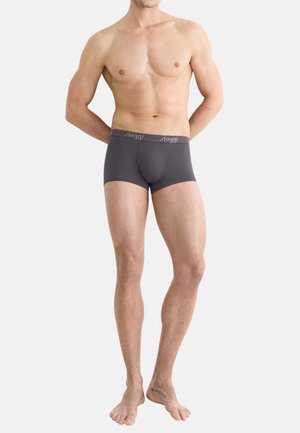 Graue Herren-Boxershorts aus weichem Stoff mit passendem Design, ausgestattet mit einem Logo-Bund in kontrastierenden Farben.