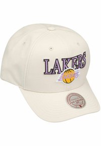 Beige baseball cap with purple and black "LAKERS" embroidery and a yellow basketball logo. Features a structured design and adjustable strap.