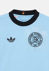 Helles blaues Sporttrikot aus Stoff mit gerippter Textur, schwarzem Kragen, gesticktem schwarzen Adidas-Logo und Emblem des Deutschen Fußballbundes.