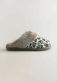 Faux fur-lined slipper with a green sole, featuring a textured leopard print in shades of gray and cream. Open-back design.