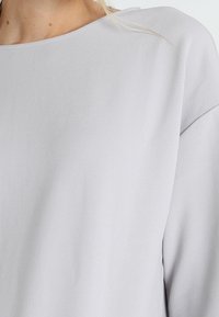 Lichtgrijze lange mouw top met een ronde halslijn en een gladde, zachte textuur. Heeft een losse pasvorm en minimale stikseldetails.