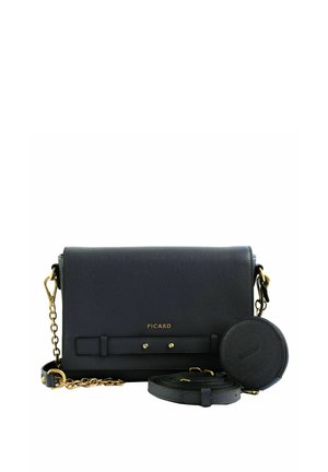 Sac bandoulière noir texturé avec bandoulière chaîne dorée, pochette ronde détachable pour pièces et logo "PICARD" sur le rabat avant.