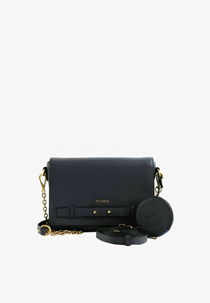 Sac bandoulière noir texturé avec bandoulière chaîne dorée, pochette ronde détachable pour pièces et logo "PICARD" sur le rabat avant.