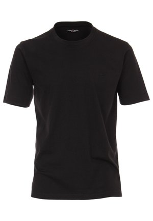 Zwarte katoenen T-shirt met een ronde hals en korte mouwen. Heeft een klein logo op de borst. Zorgt voor een gladde textuur en een standaard pasvorm.