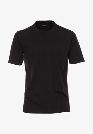 Zwarte katoenen T-shirt met een ronde hals en korte mouwen. Heeft een klein logo op de borst. Zorgt voor een gladde textuur en een standaard pasvorm.