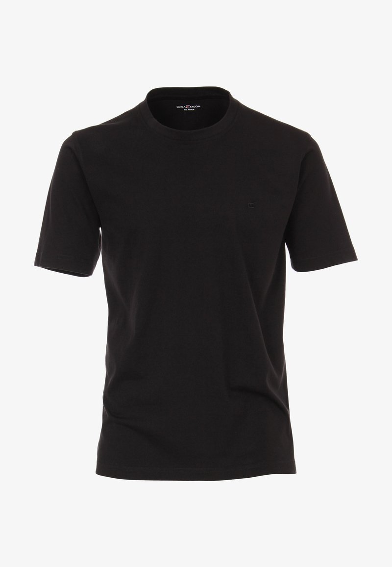 Czarna bawełniana koszulka z okrągłym dekoltem i krótkimi rękawami. Posiada małe logo na piersi. Gładka tekstura i standardowy krój.