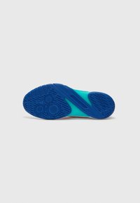 Blue rubber outsole with textured tread pattern; turquoise midsole; smooth upper; stitched accents; designed for athletic use.