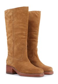 Brown suede knee-high boots with a block heel, featuring a clean design, subtle stitching, and a rounded toe.