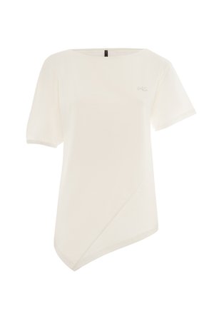 Top bianco a maniche corte, con un'unica linea dell'orlo asimmetrica, tessuto leggero e logo ricamato discreto sul davanti.