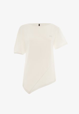 Top bianco a maniche corte, con un'unica linea dell'orlo asimmetrica, tessuto leggero e logo ricamato discreto sul davanti.