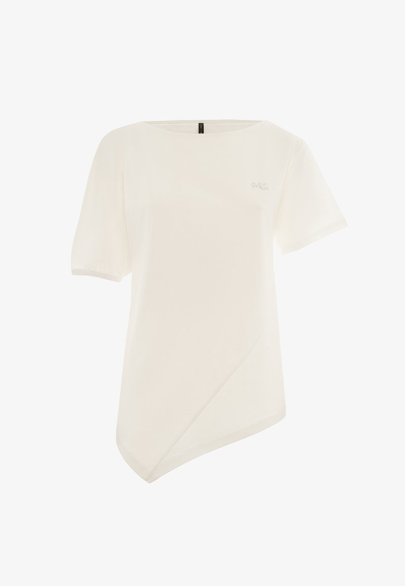 Top bianco a maniche corte, con un'unica linea dell'orlo asimmetrica, tessuto leggero e logo ricamato discreto sul davanti.