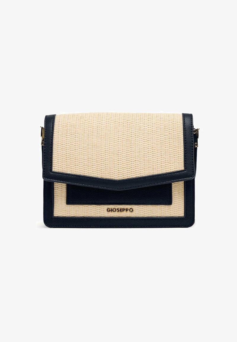 Devant en paille tissée beige avec accents en cuir bleu marine, présentant une fermeture rabat et un logo, forme rectangulaire, texture lisse, design compact.