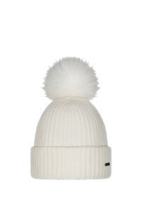 Cappello in maglia bianco a coste con un morbido pom-pom peloso sulla parte superiore e un orlo arrotolato. Presenta un piccolo etichetta nera sul lato.