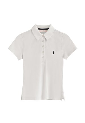 Camisa polo blanca de manga corta, con tapeta de botones y aberturas laterales. Presenta un pequeño logotipo oscuro de un golfista en el lado izquierdo del pecho. Tejido suave.