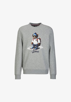 Grauer Pullover mit langen Ärmeln, Rundhalsausschnitt, mit einem bunten Druck eines Cartoon-Bären in Skiausrüstung auf der Vorderseite. Aus Baumwollmaterial.