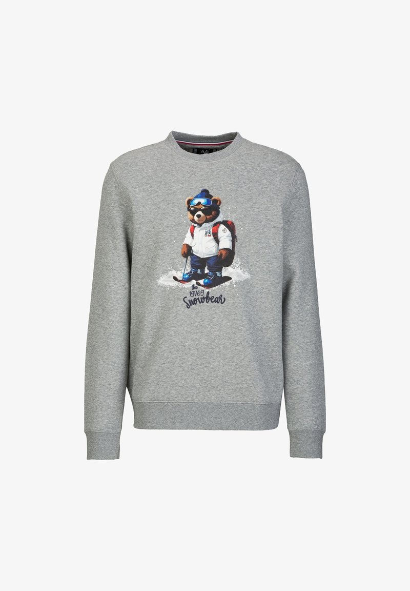 Grauer Pullover mit langen Ärmeln, Rundhalsausschnitt, mit einem bunten Druck eines Cartoon-Bären in Skiausrüstung auf der Vorderseite. Aus Baumwollmaterial.