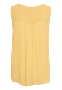 Yellow sleeveless top with a rounded neckline, smooth texture, and gentle pleating at the back. Casual and lightweight fabric.