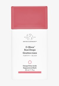 White container with a pink cap, labeled "O-Bloos Rosy Drops" and product details. Notable branding visible, minimalistic design.