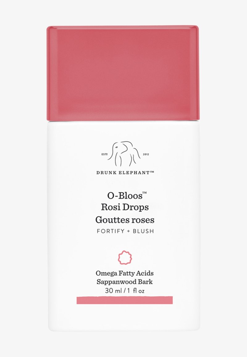 Conteneur blanc avec un bouchon rose, étiqueté "O-Bloos Rosy Drops" avec les détails du produit. Marquage notable visible, design minimaliste.
