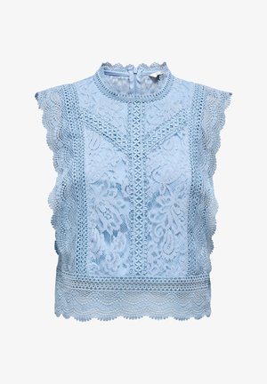 Top sin mangas de encaje azul claro con cuello alto, patrones florales, bordes en forma de ondas y cierre de cremallera en la parte posterior.