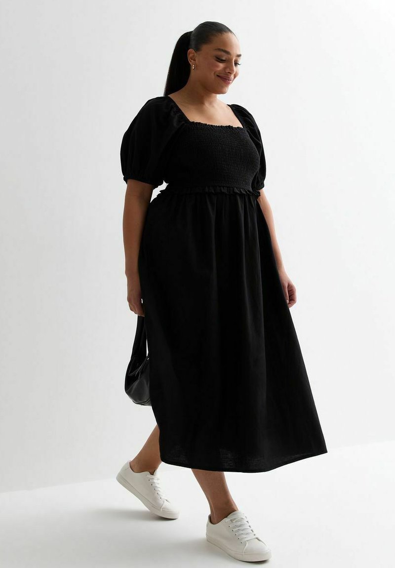 New Look Curves CURVES PUFF SLEEVE SHIRRED MIDI - Jurk - black
