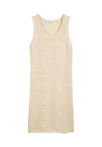 Top in maglia color beige con scollo rotondo, senza maniche e tessuto texturizzato per traspirabilità e comfort.