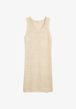 Beige knitted tank top with a round neckline, sleeveless design, and a textured fabric for breathability and comfort.